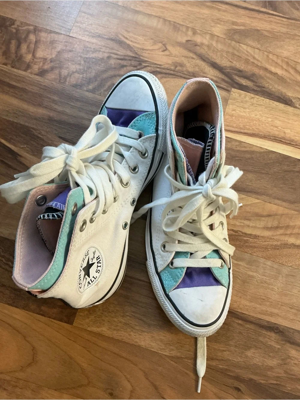 Converse White High Top Sneakers with Mint and Purple Accents
